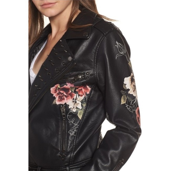 NWT Floral Printed Faux Leather Moto Jacket Vegan - Picture 3 of 7